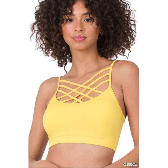 1X/2X Yellow Triple Criss Cross Bralette with bra pads Zenana wireless seamless - Picture 4 of 16